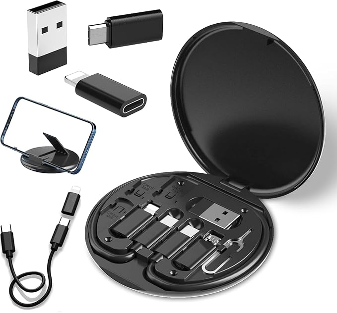 Multi-Functional Mobile Cable & Accessory Set – USB-C, Lightning, Micro USB, SIM Holder & Stand – Black
