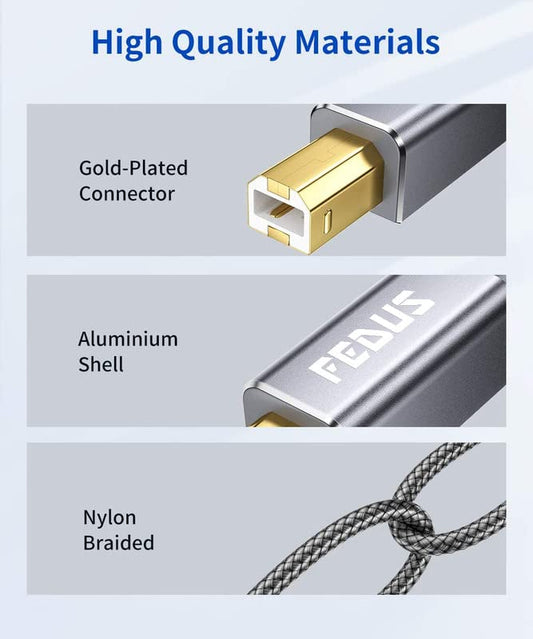 FEDUS 3M USB Printer Cable, Nylon Braided Gold Plated USB A to Male To USB B 2.0 Cable Cord Compatible with Printers, Scanner For Brother Dell, HP, Epson, Canon, Lexmark, Xerox, Samsung, Epson