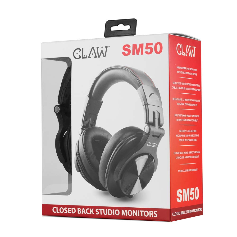 CLAW SM50 Professional Studio Monitoring DJ Wired Over Ear Headphones with 2 Detachable Cables (2.8m Coiled Cable & 1.2m Straight Cable with Mic and in-line Controls)