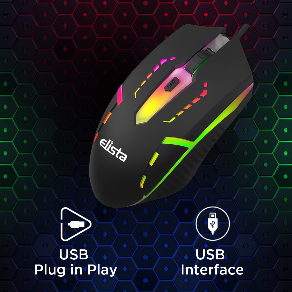 Elista Wired USB RGB Mouse Multi Colour | 1200 DPI Optical Sensor | RGB Lights
