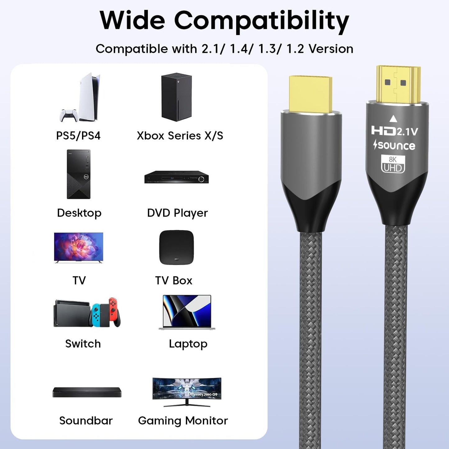 Sounce 8K HDMI 2.1 High-Speed HDMI Cable – HDMI eARC Enabled | 48Gbps Ultra High Speed | 8K 60Hz | 4K 120Hz | Dynamic HDR Dolby DTS 3D