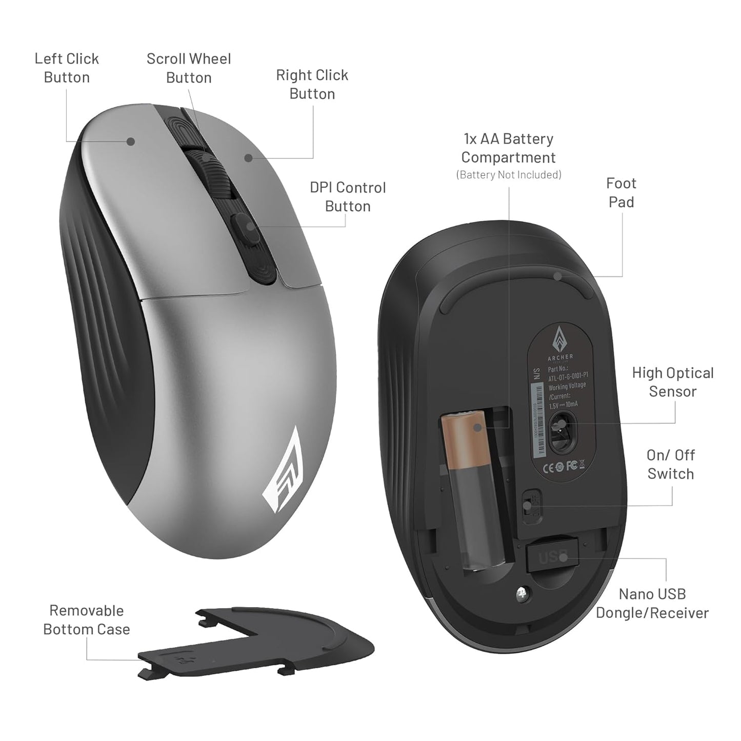 Archer Tech Lab Wireless Mouse, 2.4GHz USB Nano Receiver, 3 DPI (800/1200/1600), Ergonomic Lightweight Design 55g