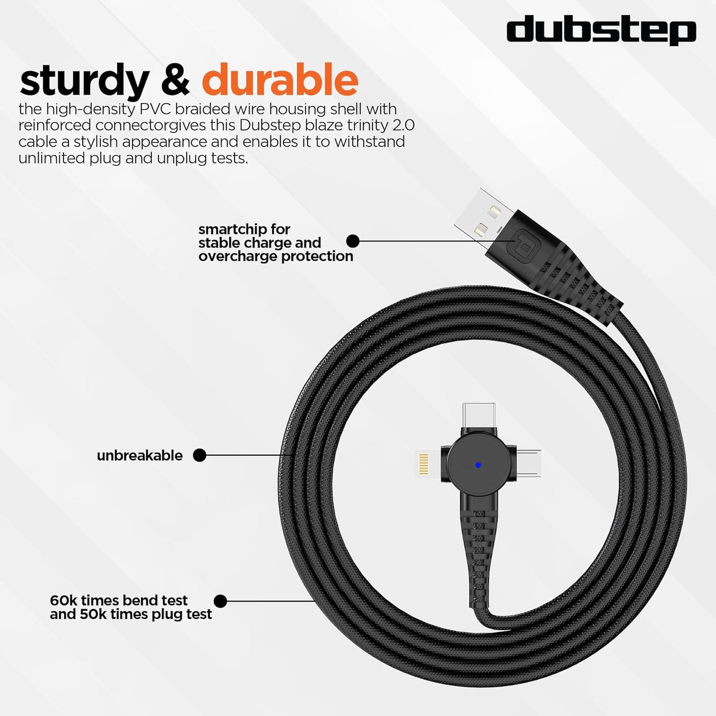 Dubstep Blaze Trinity 50W 3 in 1 USB Type C Cable 1 m USB-A to Type-C + MicroUSB + Type-L Fast Charge Cable