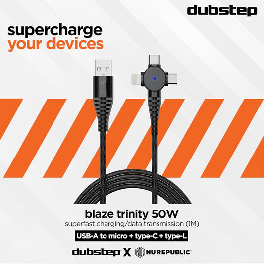 Dubstep Blaze Trinity 50W 3 in 1 USB Type C Cable 1 m USB-A to Type-C + MicroUSB + Type-L Fast Charge Cable