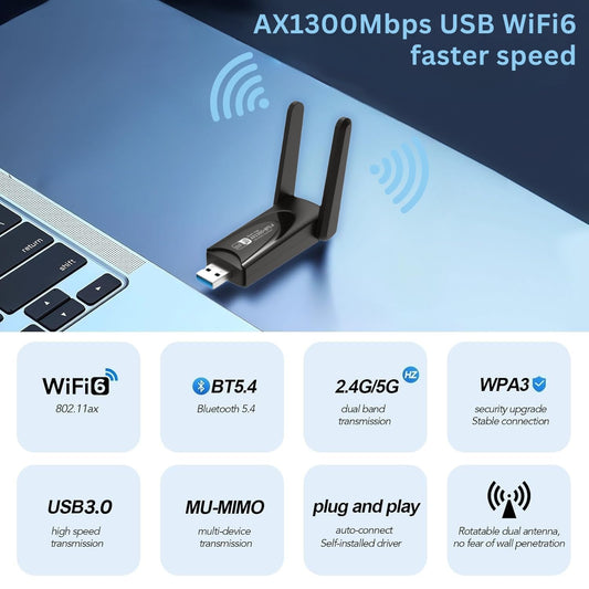 PACE 2-in-1 Bluetooth 5.4 & WiFi 6 Dual Adapter – AX1300, High-Gain Antenna