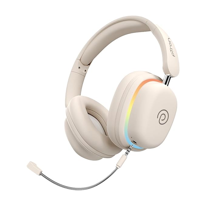 Wireless Over-Ear Headphones – 70H Playtime, Low Latency, Detachable Mic & RGB – Beige