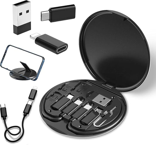Multi-Functional Mobile Cable & Accessory Set – USB-C, Lightning, Micro USB, SIM Holder & Stand – Black