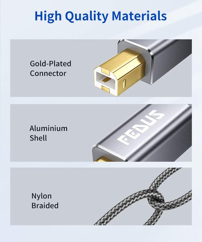 FEDUS 3M USB Printer Cable, Nylon Braided Gold Plated USB A to Male To USB B 2.0 Cable Cord Compatible with Printers, Scanner For Brother Dell, HP, Epson, Canon, Lexmark, Xerox, Samsung, Epson