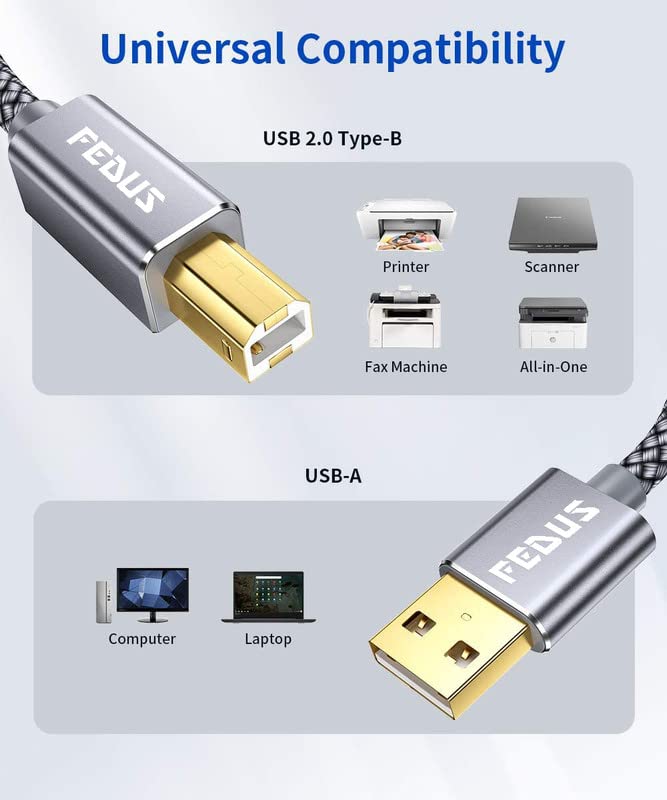 FEDUS 3M USB Printer Cable, Nylon Braided Gold Plated USB A to Male To USB B 2.0 Cable Cord Compatible with Printers, Scanner For Brother Dell, HP, Epson, Canon, Lexmark, Xerox, Samsung, Epson