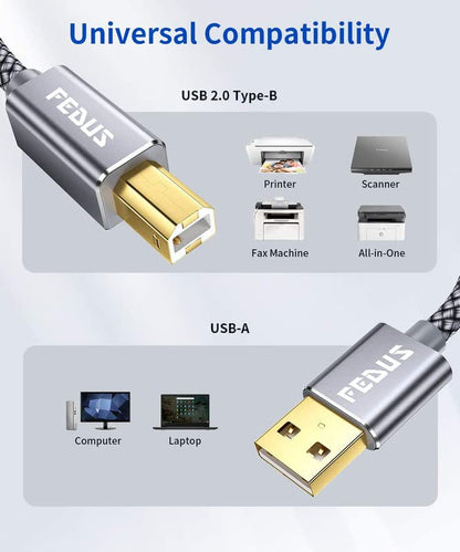 FEDUS 3M USB Printer Cable, Nylon Braided Gold Plated USB A to Male To USB B 2.0 Cable Cord Compatible with Printers, Scanner For Brother Dell, HP, Epson, Canon, Lexmark, Xerox, Samsung, Epson