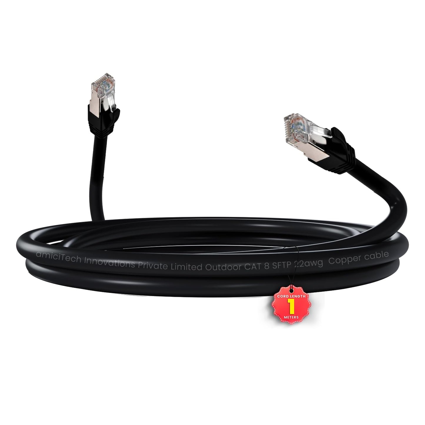 amiciTools Cat8 Ethernet Cable with 22AWG Solid Core 1 Meter | 40Gbps Ultra High-Speed LAN Cable, 2000MHz Bandwidth, Gold-Plated RJ45, Shielded Network Cable for Gaming, Routers & Servers