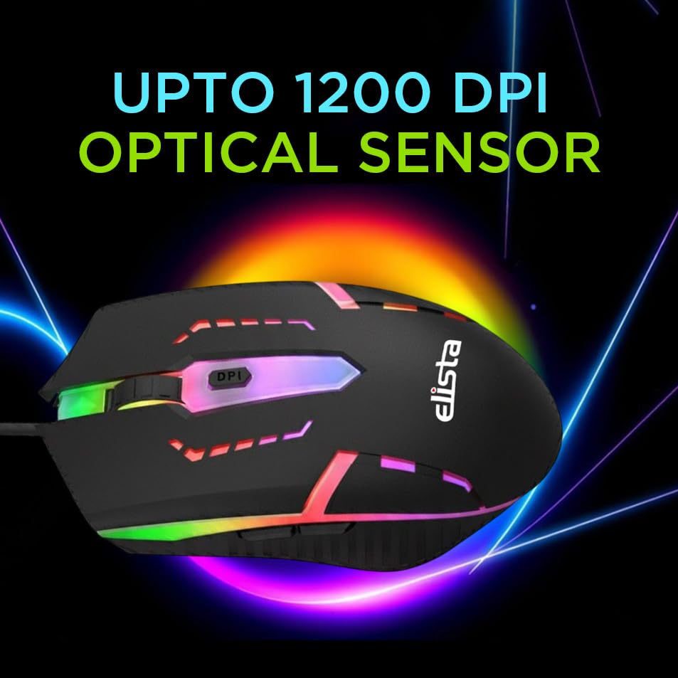Elista Wired USB RGB Mouse Multi Colour | 1200 DPI Optical Sensor | RGB Lights