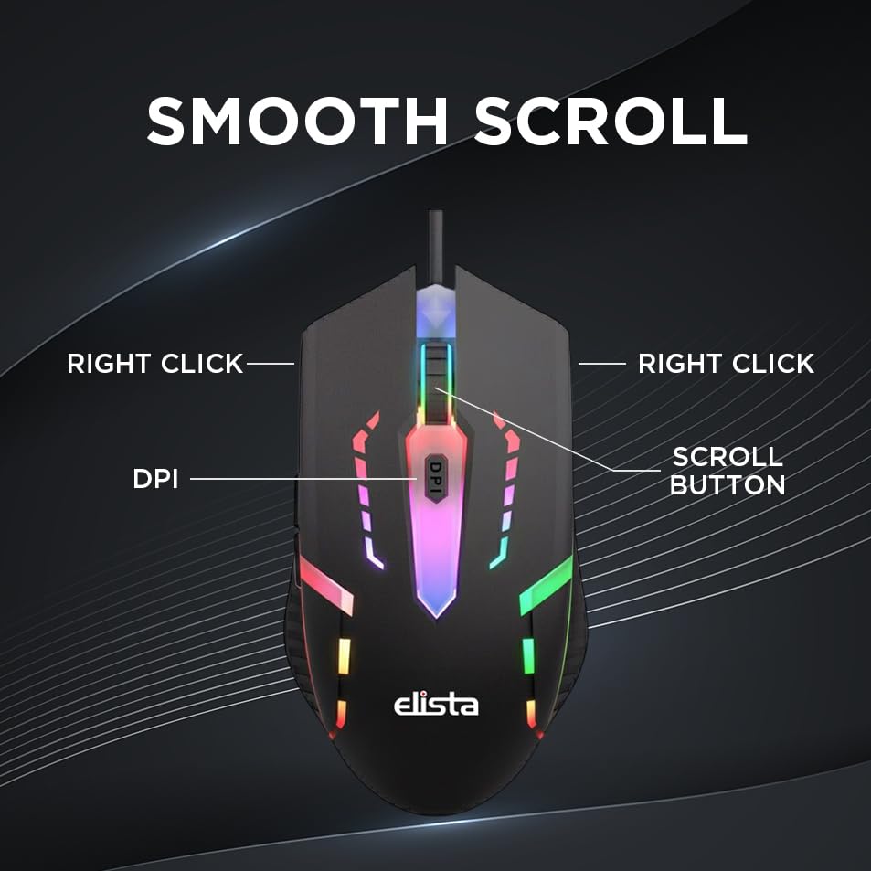 Elista Wired USB RGB Mouse Multi Colour | 1200 DPI Optical Sensor | RGB Lights