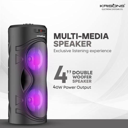 Krisons Cylender 4" Double Woofer 30W Multi-Media Bluetooth Party Speaker with Wired Mic for Karaoke,2400 MAH Battery, Digital Display,RGB Lights, USB, SD Card, FM Radio,Auto TWS Function & Remote