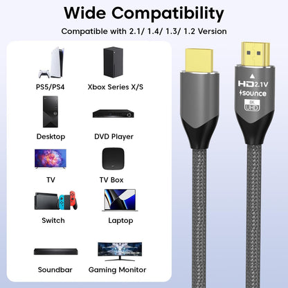Sounce 8K HDMI 2.1 High-Speed HDMI Cable – HDMI eARC Enabled | 48Gbps Ultra High Speed | 8K 60Hz | 4K 120Hz | Dynamic HDR Dolby DTS 3D