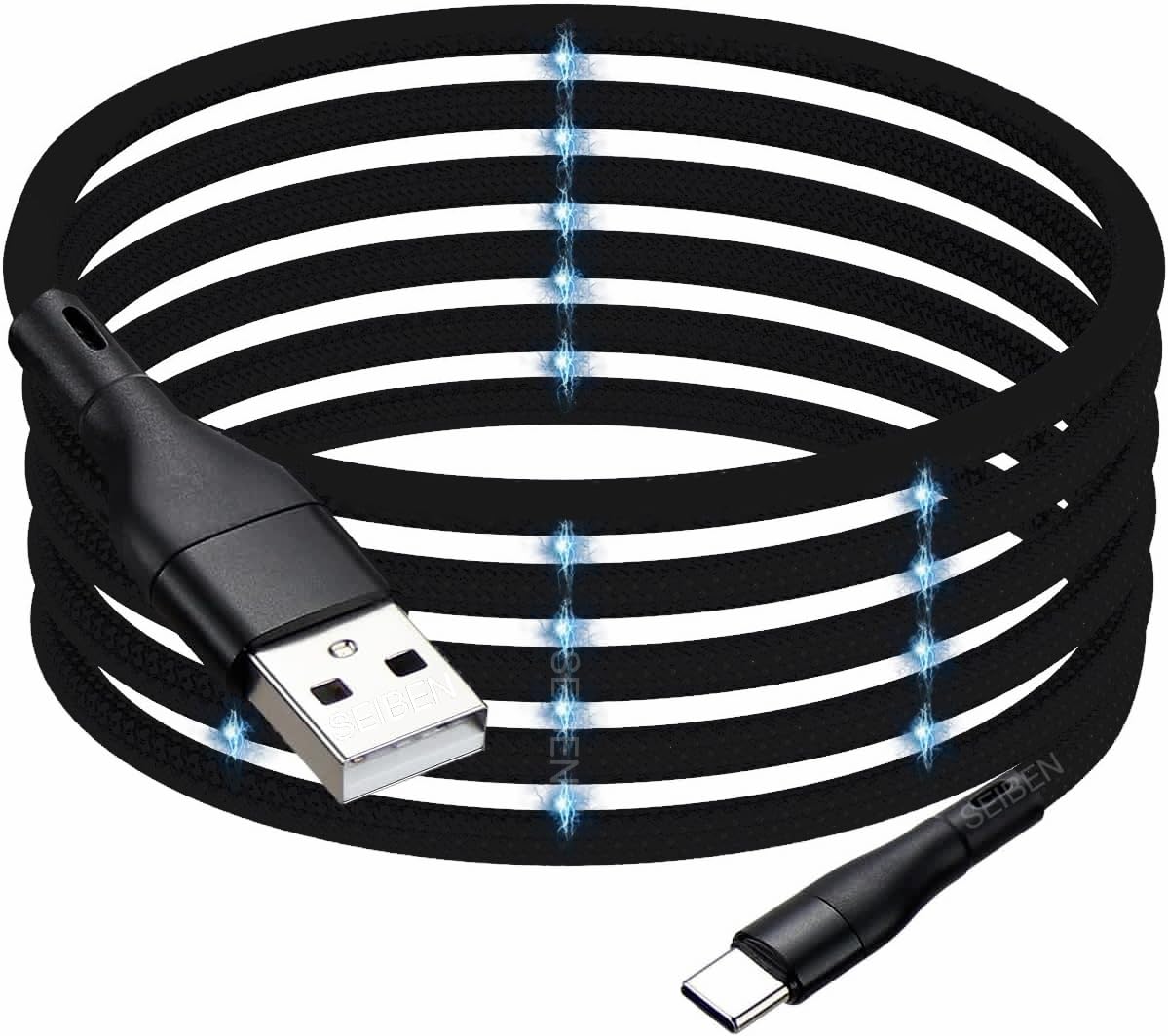 Magnetic Coiled Type A to Type C Cable, 65W / 3.1A Magnetic Coiled O-MagCable® Nylon Braided for Laptops and Smartphones