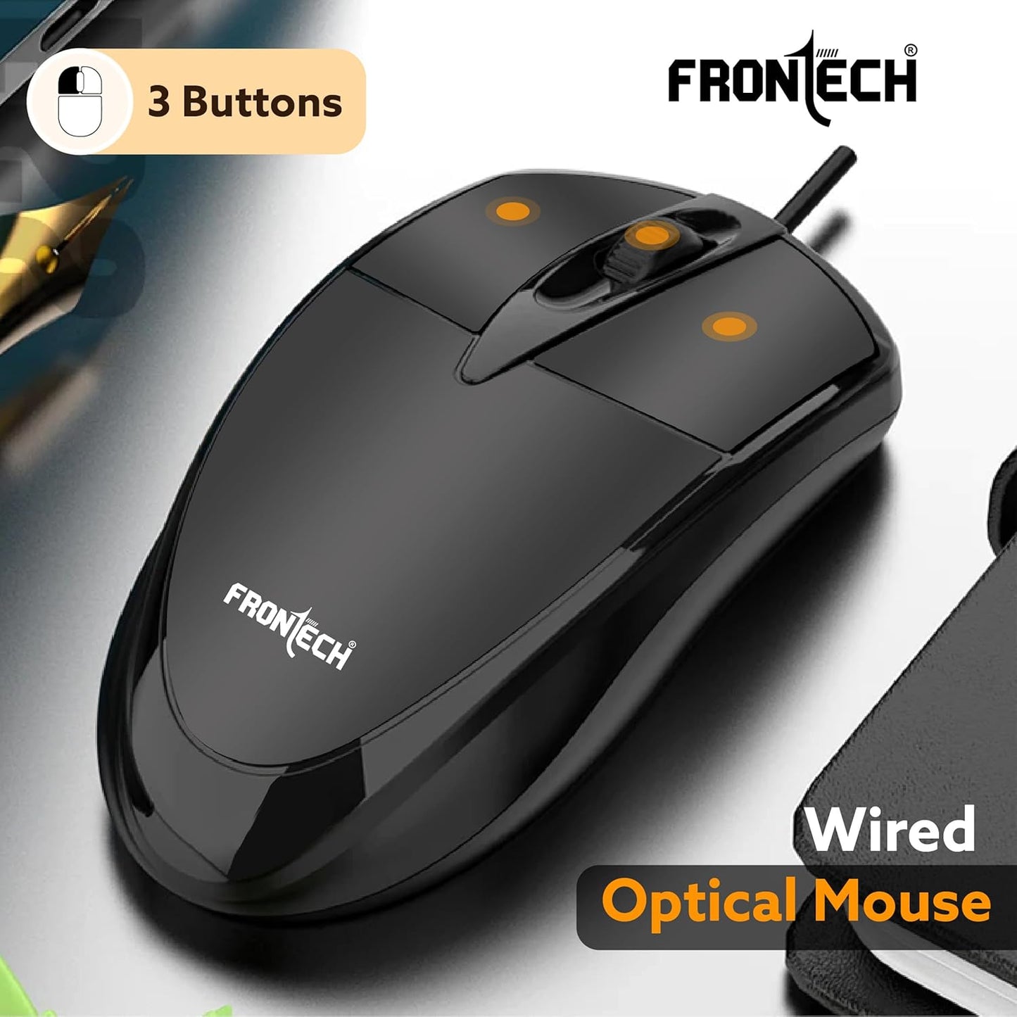 FRONTECH Power Wired USB Mouse, 3-Button, 1000 DPI Optical Sensor