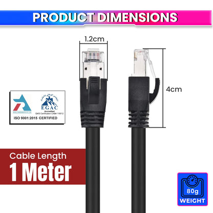 amiciTools Cat8 Ethernet Cable with 22AWG Solid Core 1 Meter | 40Gbps Ultra High-Speed LAN Cable, 2000MHz Bandwidth, Gold-Plated RJ45, Shielded Network Cable for Gaming, Routers & Servers