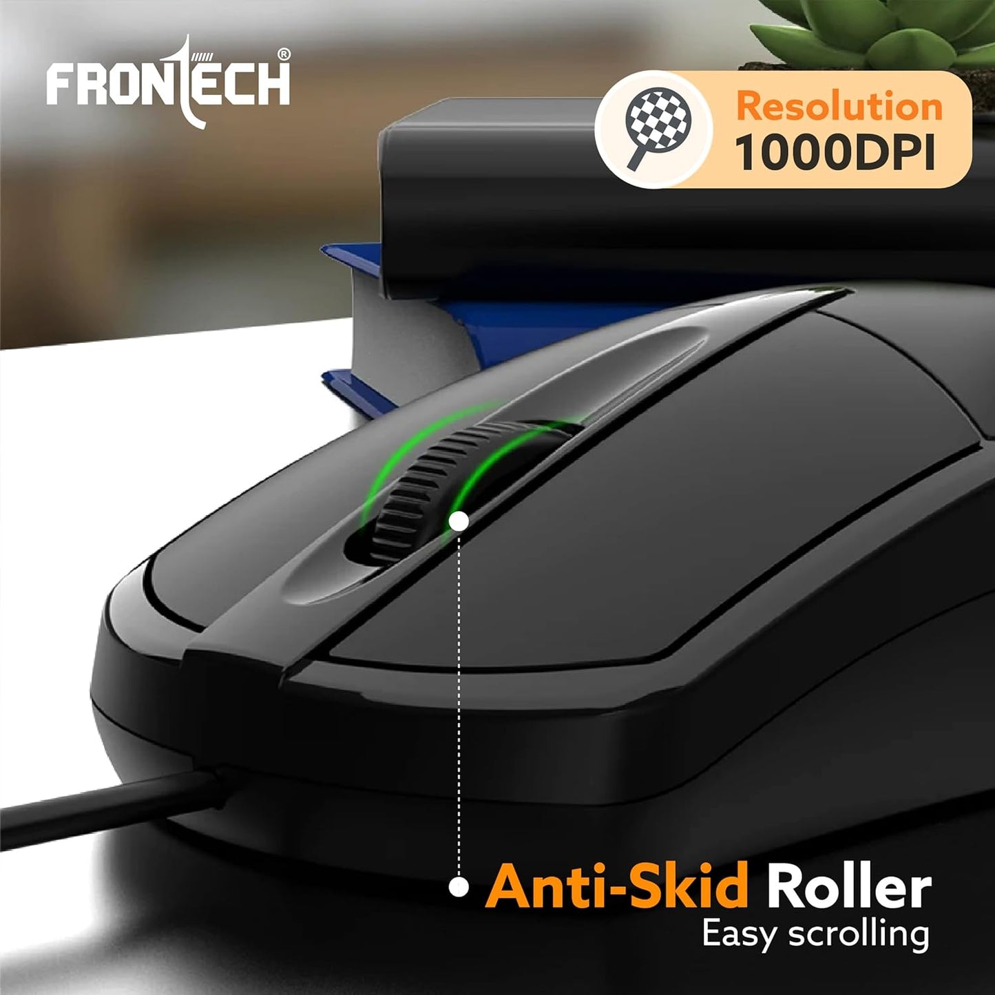 FRONTECH Power Wired USB Mouse, 3-Button, 1000 DPI Optical Sensor