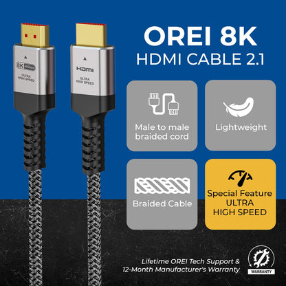 Orei 8K HDMI Cable 3M(9.84Ft) - 8K@60Hz HDMI Cable 2.1 With Ethernet & HDCP 2.3, Lightning Fast 48Gbps Bandwidth, HDR, Earc & 3D Support