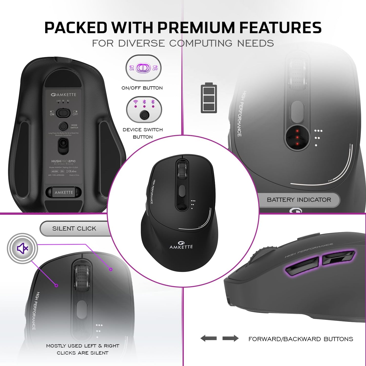 Amkette Hush Pro Epic Rechargeable Wireless Mouse/Bluetooth Mouse