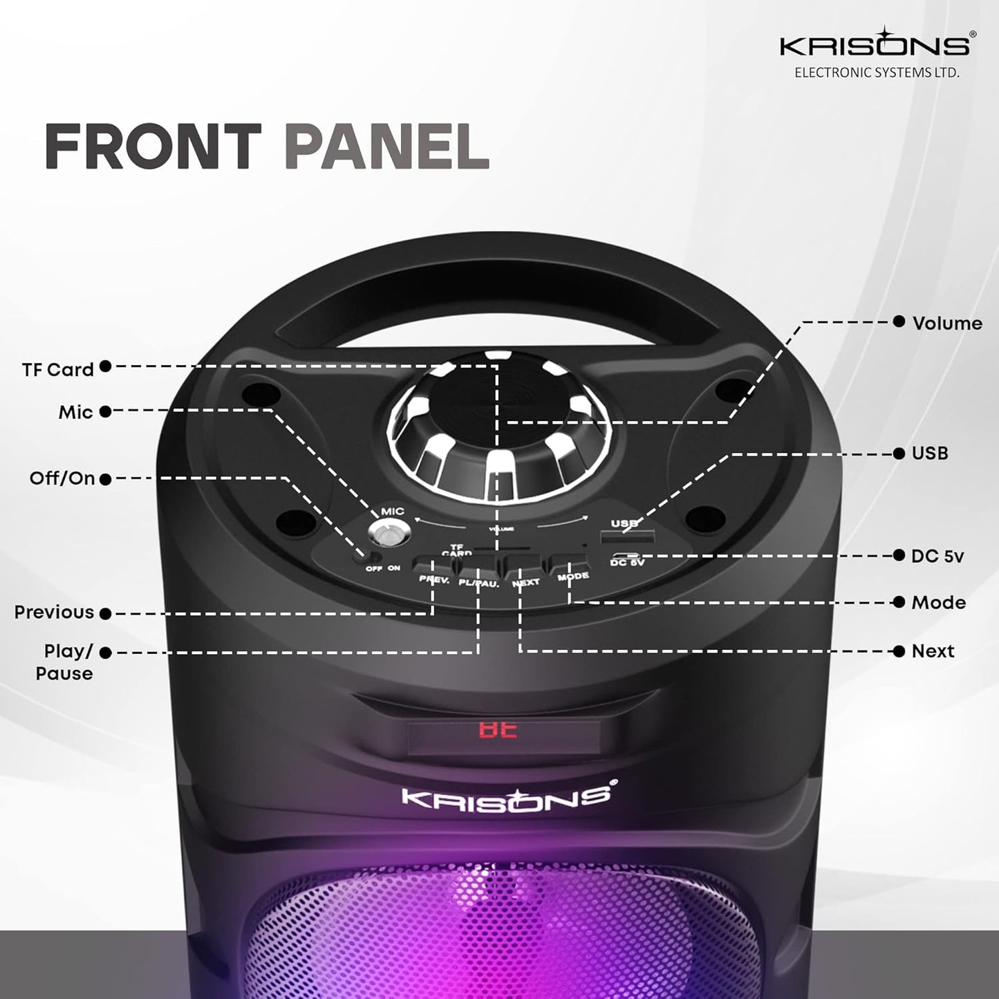 Krisons Cylender 4" Double Woofer 30W Multi-Media Bluetooth Party Speaker with Wired Mic for Karaoke,2400 MAH Battery, Digital Display,RGB Lights, USB, SD Card, FM Radio,Auto TWS Function & Remote