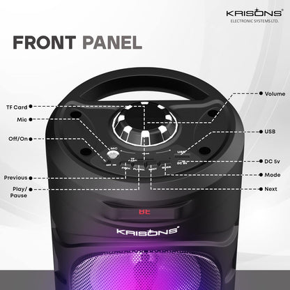 Krisons Cylender 4" Double Woofer 30W Multi-Media Bluetooth Party Speaker with Wired Mic for Karaoke,2400 MAH Battery, Digital Display,RGB Lights, USB, SD Card, FM Radio,Auto TWS Function & Remote