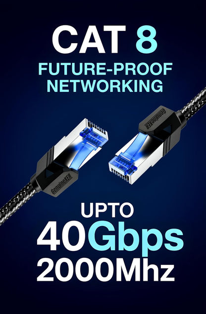 Premium Cat 8 Ethernet Cable Up to 40Gbps 2000MHz | Copper Core + F/FTP Braided High Speed RJ45 Lan Cable | Network Cable For Laptop, PC, Tv, Modem, Router