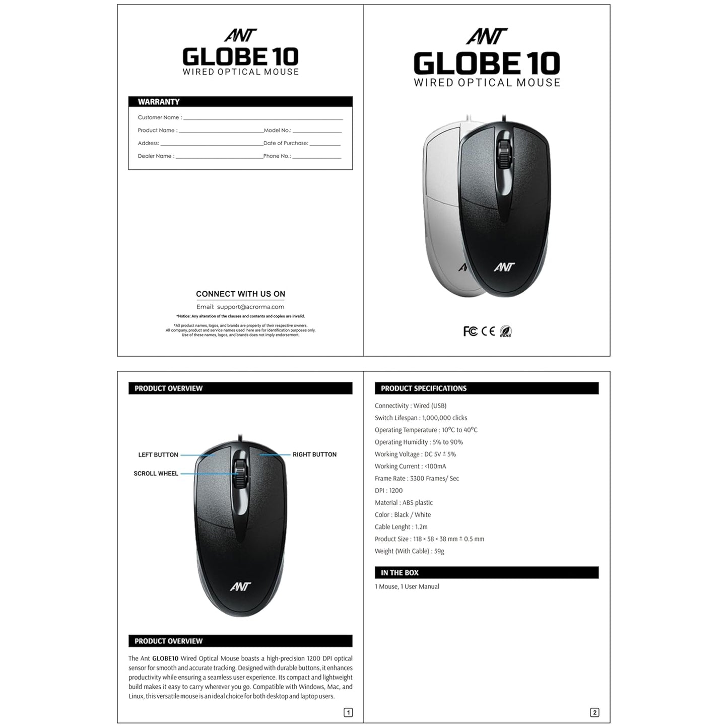 Ant Globe 10 Wired Optical Mouse with 1200 DPI, USB Connectivity, Lightweight
