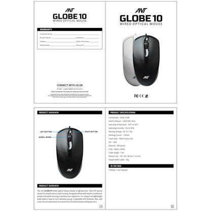 Ant Globe 10 Wired Optical Mouse with 1200 DPI, USB Connectivity, Lightweight