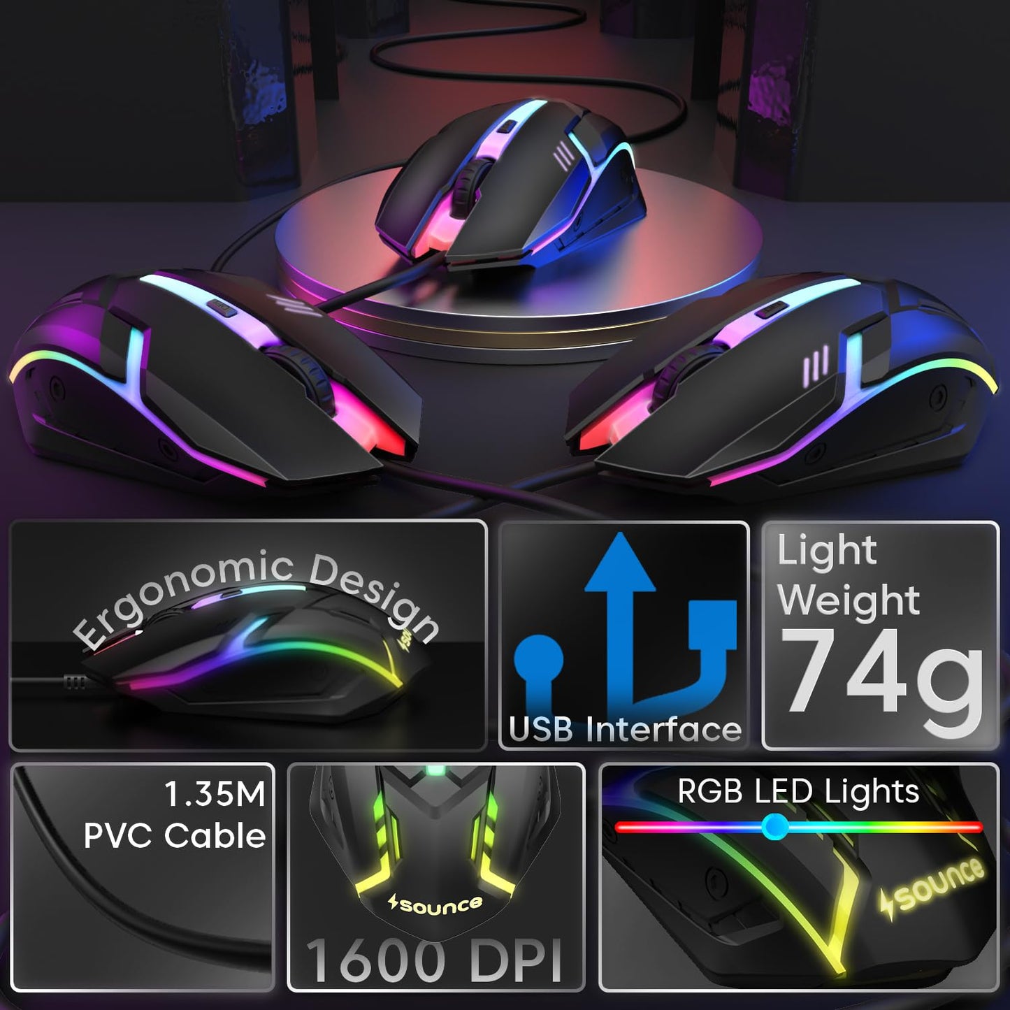 Sounce Nitro Wired Gaming USB Mouse 800/1200/1600 DPI Optical Sensor