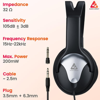Audio Array AH-40-SL Wired Over-Ear Headphones | 40mm Drivers, 15-22KHz, 32Ω, 105dB SPL Sound, Studio Monitoring, Gaming, Live Music Headset with 3.5mm + 6.3mm Plug Compatibility