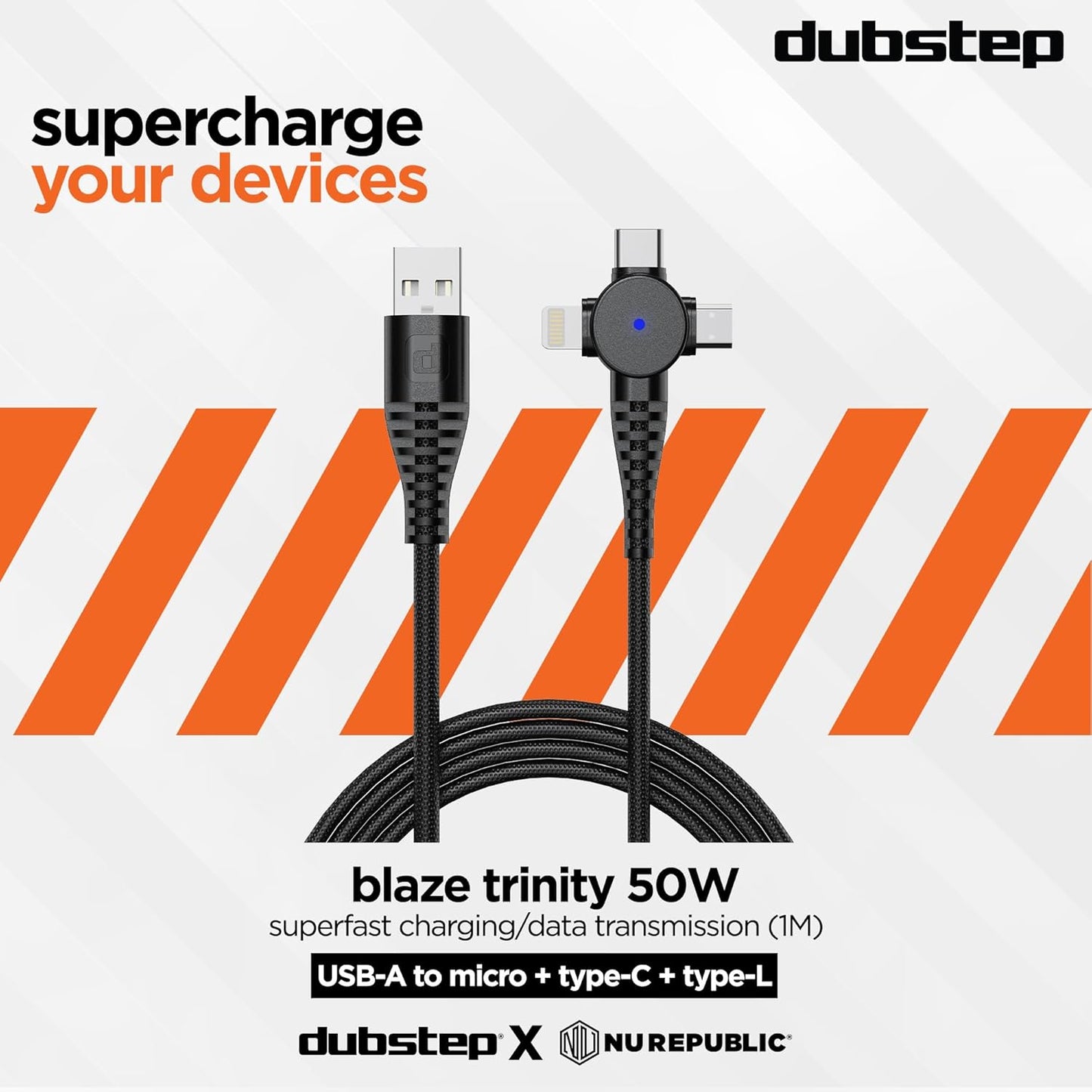 Dubstep Blaze Trinity 50W 3 in 1 USB Type C Cable 1 m USB-A to Type-C + MicroUSB + Type-L Fast Charge Cable