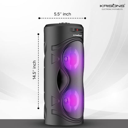 Krisons Cylender 4" Double Woofer 30W Multi-Media Bluetooth Party Speaker with Wired Mic for Karaoke,2400 MAH Battery, Digital Display,RGB Lights, USB, SD Card, FM Radio,Auto TWS Function & Remote
