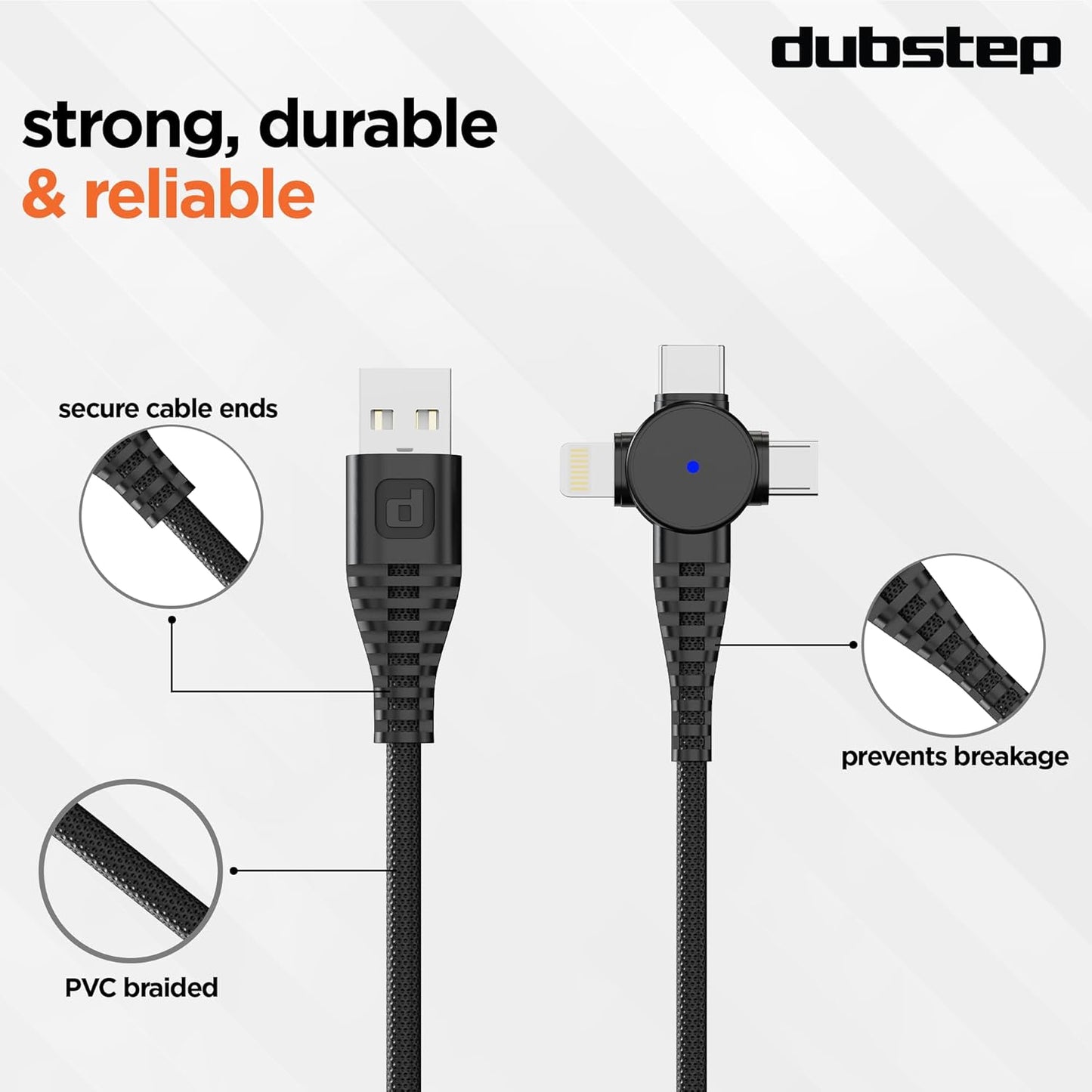 Dubstep Blaze Trinity 50W 3 in 1 USB Type C Cable 1 m USB-A to Type-C + MicroUSB + Type-L Fast Charge Cable