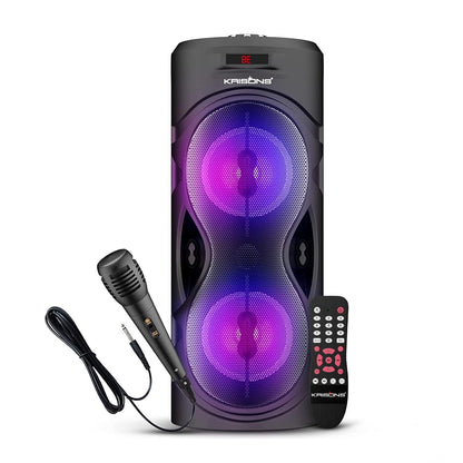 Krisons Cylender 4" Double Woofer 30W Multi-Media Bluetooth Party Speaker with Wired Mic for Karaoke,2400 MAH Battery, Digital Display,RGB Lights, USB, SD Card, FM Radio,Auto TWS Function & Remote