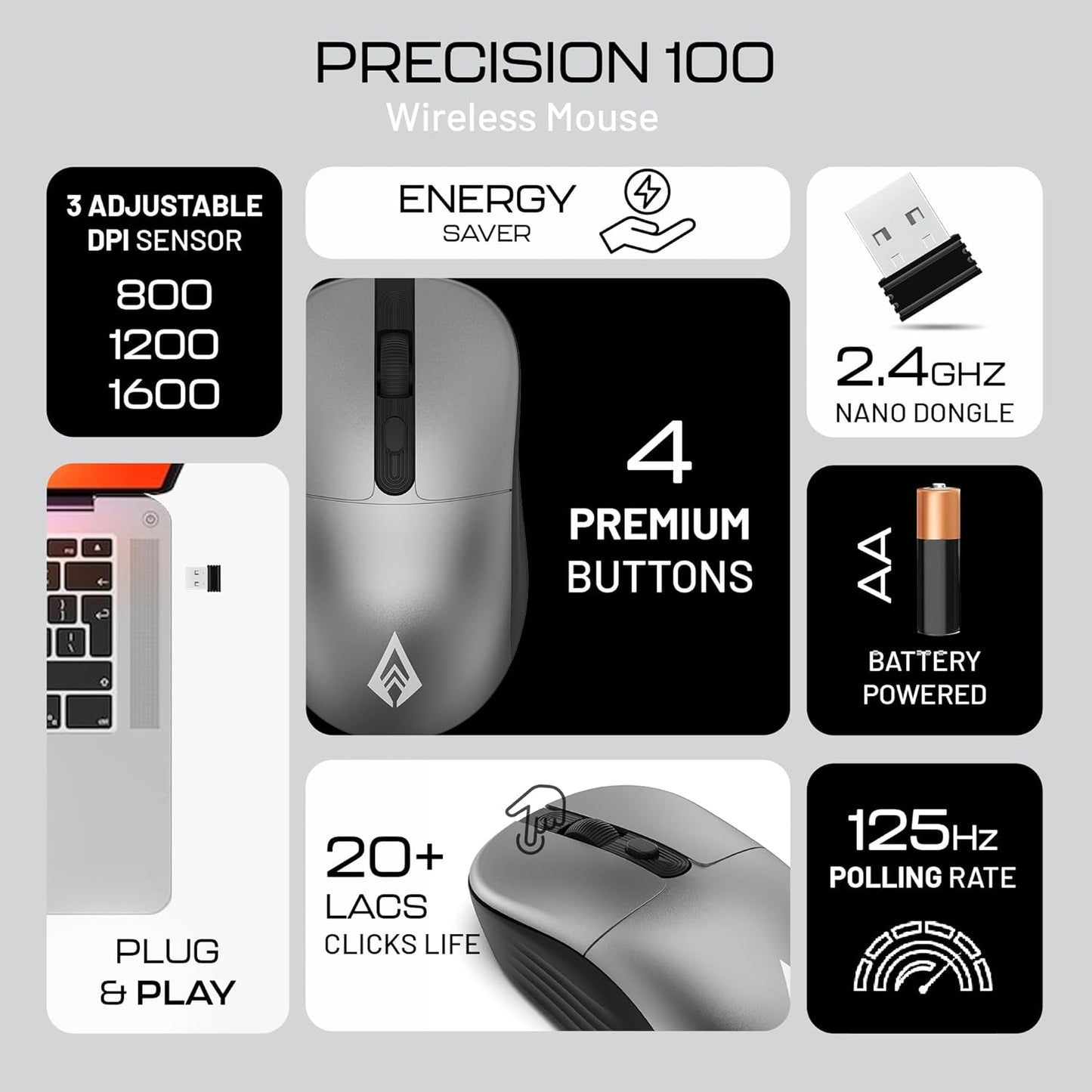 Archer Tech Lab Wireless Mouse, 2.4GHz USB Nano Receiver, 3 DPI (800/1200/1600), Ergonomic Lightweight Design 55g