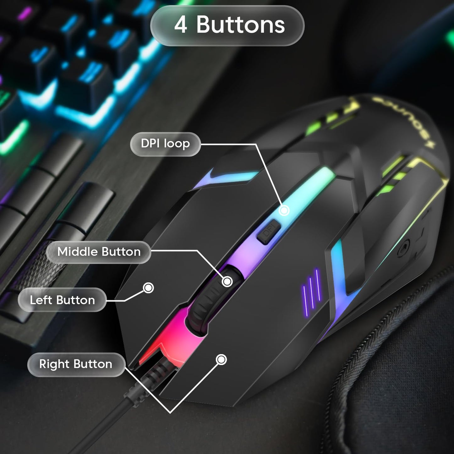 Sounce Nitro Wired Gaming USB Mouse 800/1200/1600 DPI Optical Sensor