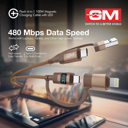 G+ Flash 4-in-1 100W Magnetic Charging Cable with LED Indicator, Self-winding, 480Mbps, 4 Ports