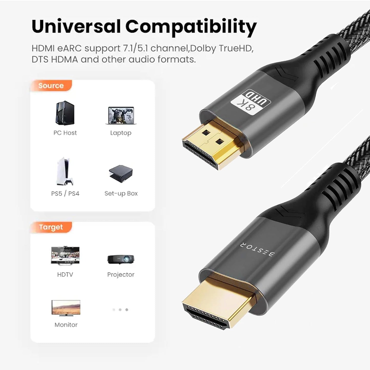 BESTOR 8K HDMI 2.1 Ultra High-Speed Cable 48Gbps 4K 120Hz 8K
