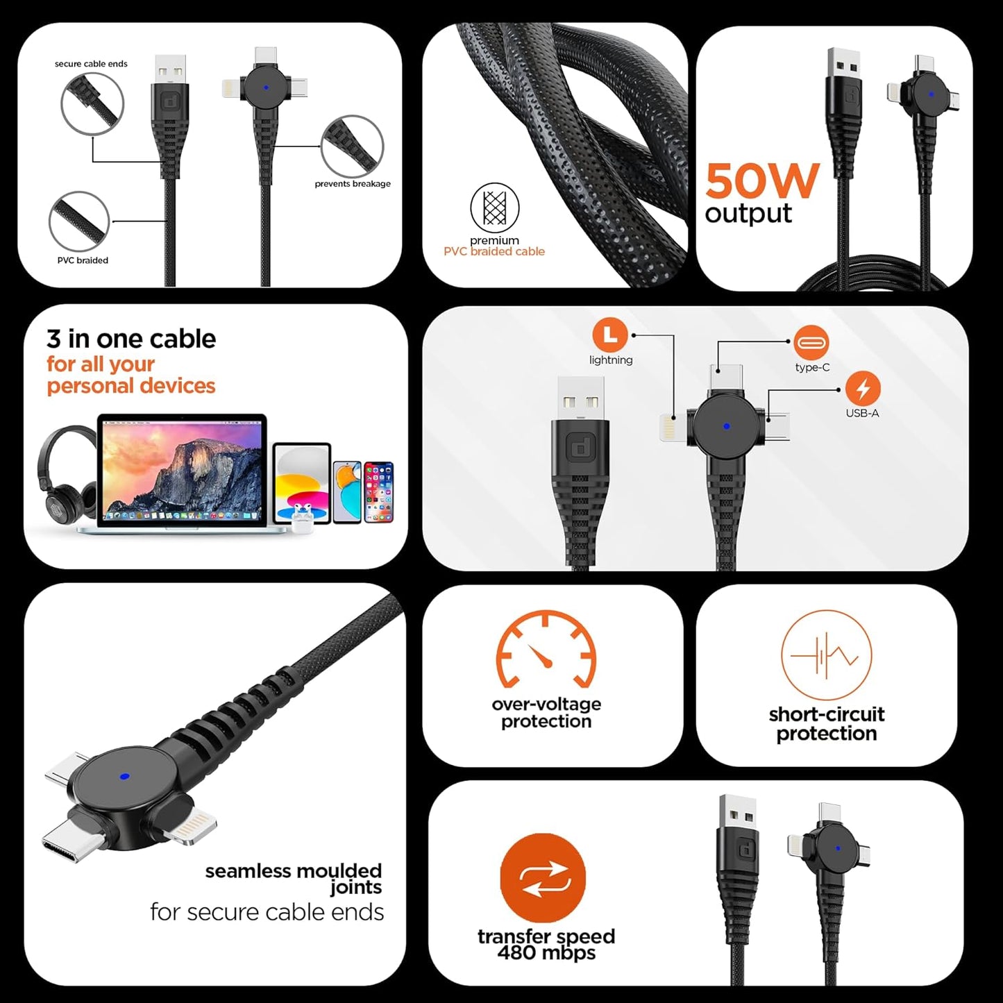 Dubstep Blaze Trinity 50W 3 in 1 USB Type C Cable 1 m USB-A to Type-C + MicroUSB + Type-L Fast Charge Cable