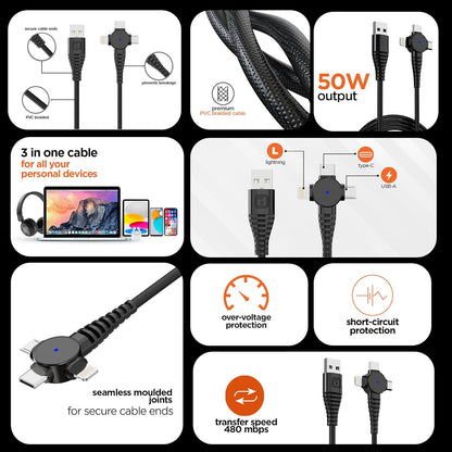 Dubstep Blaze Trinity 50W 3 in 1 USB Type C Cable 1 m USB-A to Type-C + MicroUSB + Type-L Fast Charge Cable