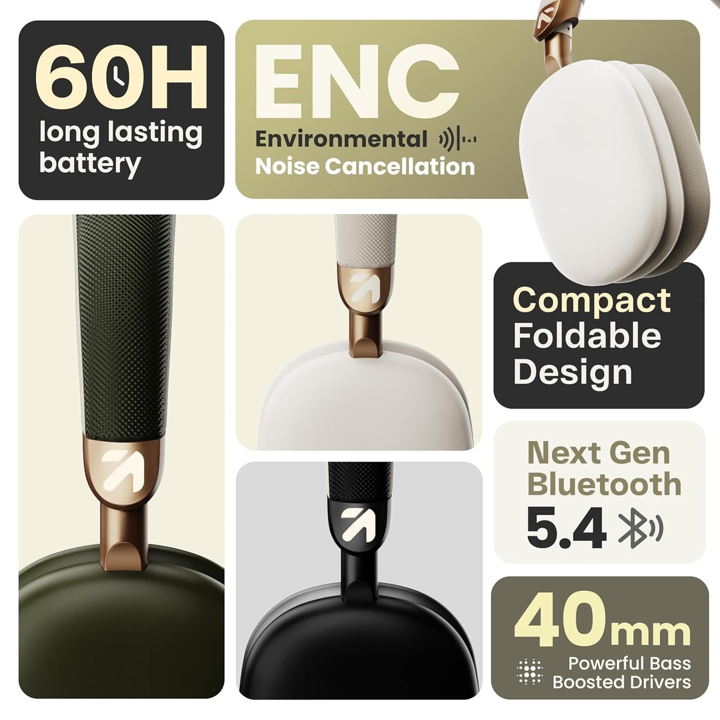 GOBOULT Newly Launched Fluid X Headphones Bluetooth Wireless 60H Playtime, 40mm Bass Driver,Zen ENC Mic,Type-C Charging,Gaming Mode, BTv 5.4, Made in India, Headphones Wireless with mic (Pine Green)