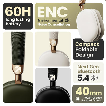 GOBOULT Newly Launched Fluid X Headphones Bluetooth Wireless 60H Playtime, 40mm Bass Driver,Zen ENC Mic,Type-C Charging,Gaming Mode, BTv 5.4, Made in India, Headphones Wireless with mic (Pine Green)