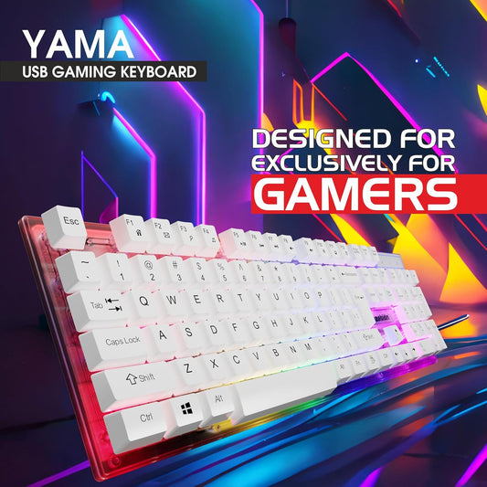 Zebion YAMA LED Gaming Keyboard – 104 Keys Rainbow Backlit, Splash Resistant, White
