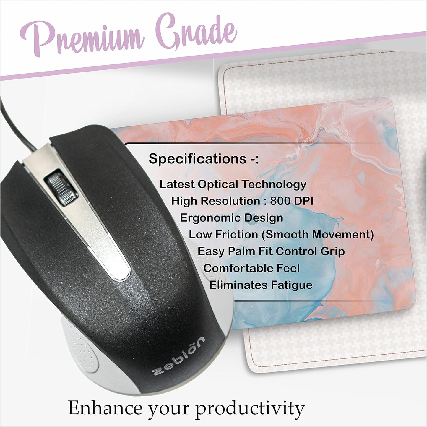 Zebion Rocky USB Mouse with Latest Optical Technology, 800 DPI Resolution, Ergonomic Design, Smooth Low-Friction Movements and Comfy Palm Fit