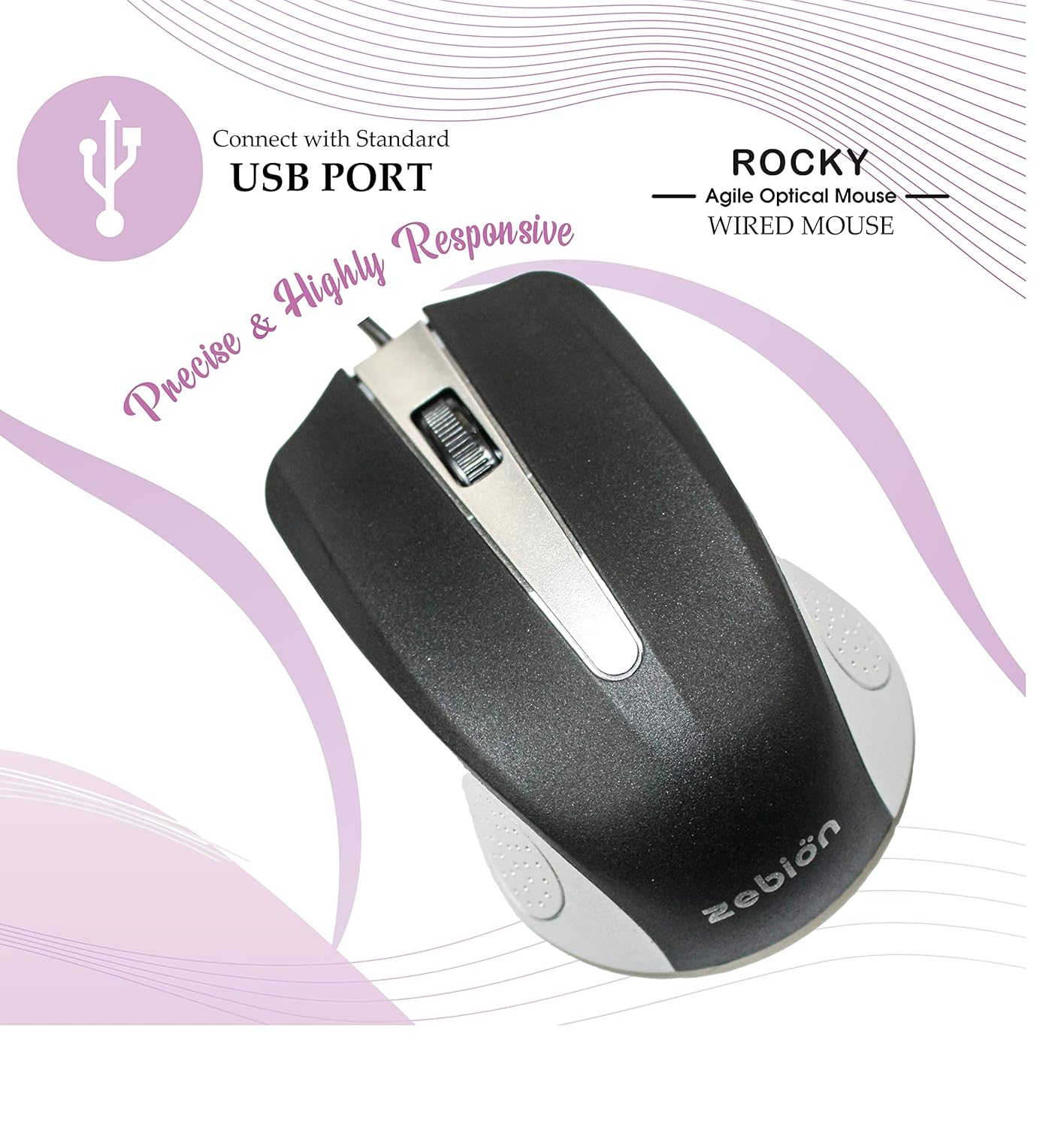 Zebion Rocky USB Mouse with Latest Optical Technology, 800 DPI Resolution, Ergonomic Design, Smooth Low-Friction Movements and Comfy Palm Fit
