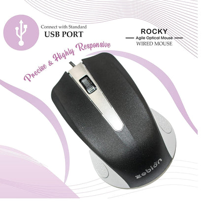 Zebion Rocky USB Mouse with Latest Optical Technology, 800 DPI Resolution, Ergonomic Design, Smooth Low-Friction Movements and Comfy Palm Fit