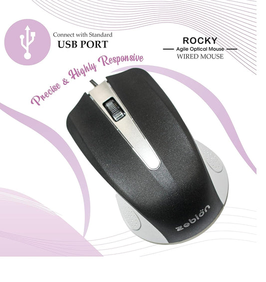 Zebion Rocky USB Mouse with Latest Optical Technology, 800 DPI Resolution, Ergonomic Design, Smooth Low-Friction Movements and Comfy Palm Fit